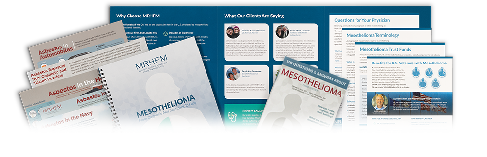 collage of images of covers of materials contained in mesothelioma packet, including Medical Guide, 100 Questions & Answers About Mesothelioma book, and infographics on mesothelioma exposure