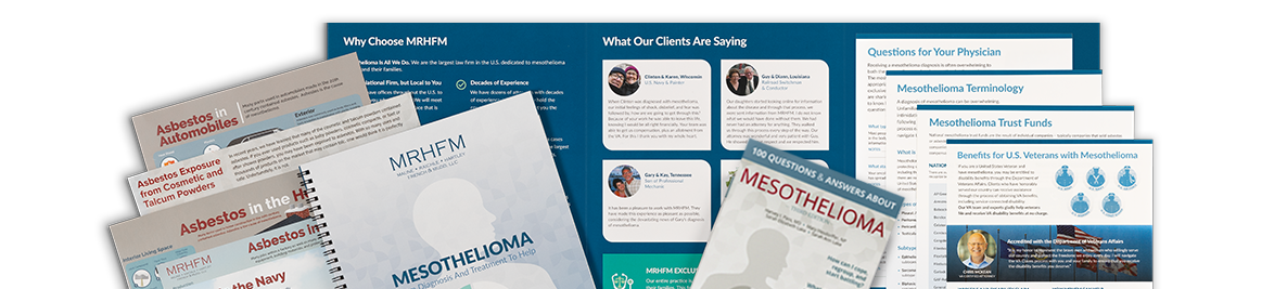 photograph of an informational packet opened and contents spread out, including Mesothelioma Medical Guide, 100 Questions & Answers About Mesothelioma book, and several info sheets on Asbestos Exposure in the home and workplace