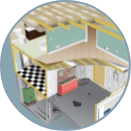 small scale diagram of materials in flooring, walls and insulation of a building