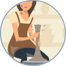 small scale image of woman working on pottery wheel