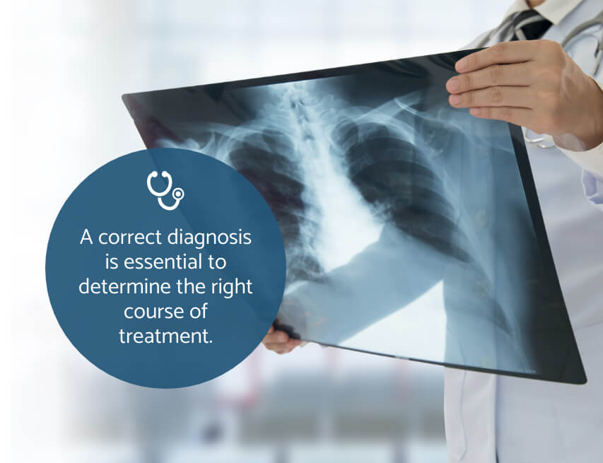Background: a doctor holds a patient's x-ray; Foreground: circle graphic with text 'A correct diagnosis is essential to determine the right course of treatment.'